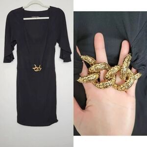 ROBERTO CAVELLI BLACK 3/4 SLEEVE DRESS W/ GOLD LINK EMBELLISHMENT